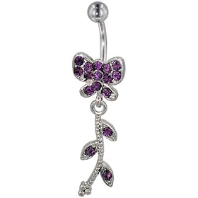 Pugster Purple Crystal Butterfly Dangling Ivy Dangle Belly Ring by Dangling Steel Belly Rings