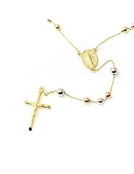 14k Tri Color Rose, White and Yellow Gold 8 Gram Chain and Bead Rosary Necklace with 5" Dangle, and 1" Cross. Made in Italy