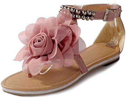 Seepopular New Summer Fashion Flower Beaded Women's T Strap Sweet Flats Sandals Shoes Pink 6.5US