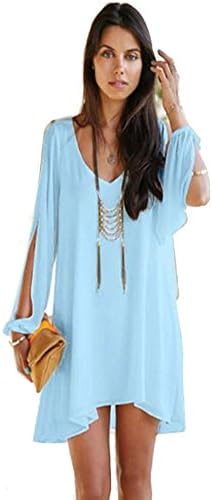 Womens off shoulder slit sleeve V-neck A-line irregular hem chiffon mini dress (XXXL, Sky Blue)