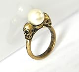 Art Deco antique gold tone skulls ring with faux pearl jewelry bead