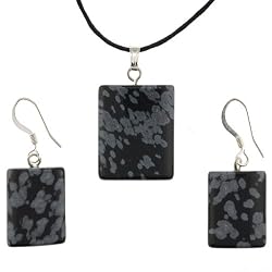 Snowflake Obsidian Dome Rectangle Shaped Pendant and Earrings Set - 18x22mm Pendant, 14x18mm Earrings - Adjustable Cord Necklace