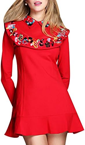 Ousy Women's Vintage Lapel Long Sleeves Embroidery Evening Forktail Dress L Red