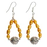 EXP Handmade Golden Yellow Pearl Dangle Earrings With Antiqued Silver Beads