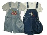 Toddler Boys Sizes 2T/3T/4T Indigo Denim/Stripe Denim Embroidered Pocket Shortall 2-PC Sets with Cap.(Prepack=24 Sets Assorted Sizes/Emb. Designs, Each $7.50)