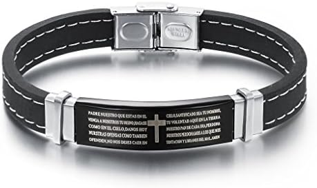 JSea Jewelry Black Silicone Stainless Steel Cross Lord's Prayer(Spanish) Bracelet Bangle