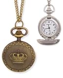 ZAD Round Antiqued Gold Crown Locket Necklace Watch on LONG Antique Gold Chain