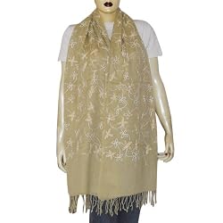 Stoles Wool with Full Embroidery Beige Womens Wraps India 80 x 29 inches