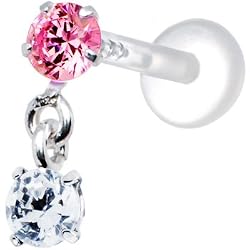 Silver 925 Pink Clear Round Dangling CZ Tragus Earring