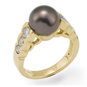 Tahitian Black Pearl Ring with Diamond in 14K Yellow Gold by