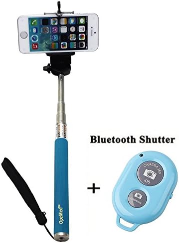 OpeMed(TM) Extendable Self Portrait Selfie Handheld Stick Monopod Pod + Bluetooth Wireless Remote Control Camera Shutter Release Self Timer For iPhone Samsung camera with 1/4 inch Screw Hole (Blue)