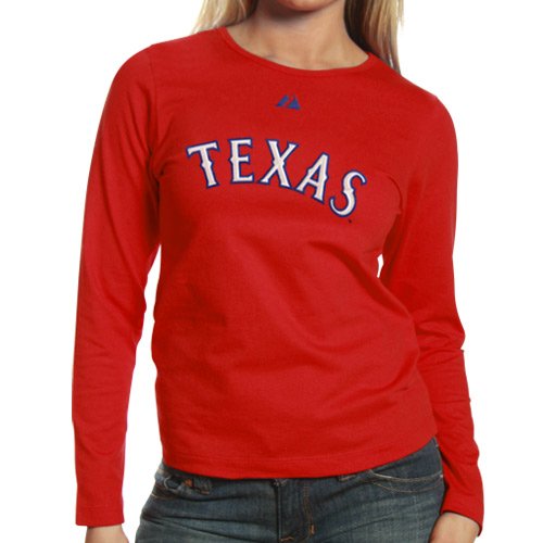 Majestic Texas Rangers Ladies Red Official Wordmark Long Sleeve T-shirt (Large)