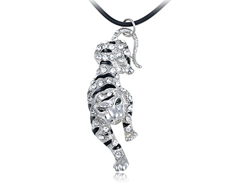 Alilang Silver Tone Clear Crystal Rhinestones Animal Tiger Cord Pendant Necklace