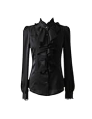 Apparel: Little Hand Womens Satin Tops Flouncing Blouse Button Ruffle OL Shirt Black XL