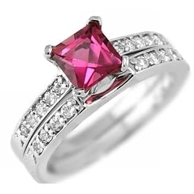 Deep Pink Tourmaline Princess Engagement Wedding Ring Set 14k White Gold by