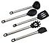 5-Piece Stainless Steel & Silicone Kitchen Utensils with Non-Stick Silicone, Heat Resistant and Dishwasher Safe Premium Flatware Serving Set. Include Ladle, Spoon, Spatula, Turner, Spaghetti Server.