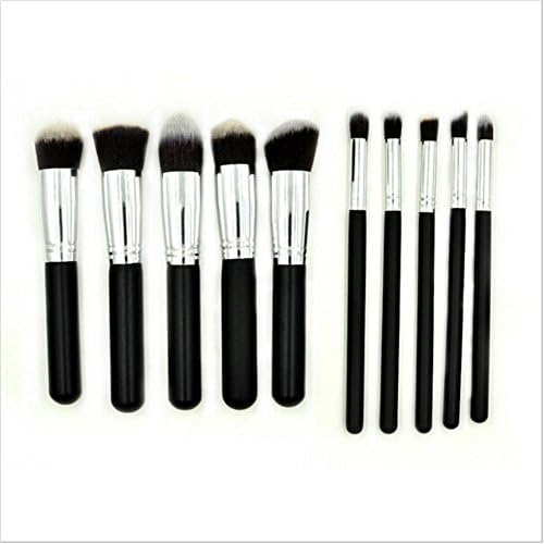 Professional Synthetic Kabuki Makeup Brushes with Carry Bag ,Included Kabuki Foundation Blending Blush Eyeliner Face Powder Brush Makeup Brush Kit ,10pcs/set (Black Silver)