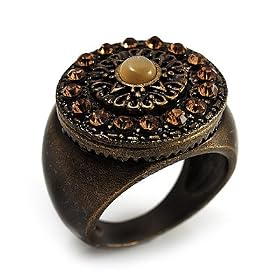 Bronze Tone Amber Crystal Shield Ring - size 7