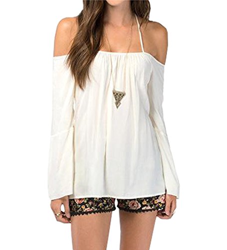 SUNNOW Womens Halter Backless Cross Straps Loose Off Shoulder Shirt Blouse Top