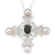 14K White Gold Onyx, Pearl and Diamond Cross Pendant