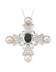 14K White Gold Onyx, Pearl and Diamond Cross Pendant -- LIFETIME WARRANTY