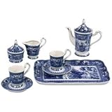 Set of 8 Deep Blue and White Toile Pattern Porcelain Tea Set