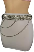 TFJ Women's Rocker Fashion Belt Silver Metal Chain Pyramid Stud Buckle S M L Black