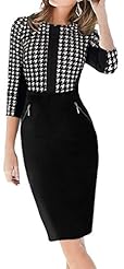 Spring Fall Elbow Length Sleeves Polyester Vintage Cocktail Houndstooth Print  Dress