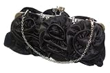 NEW DIAMANTE SATIN SILK ROSE EVENING CLUTCH BRIDAL PARTY BAG PURSE (BLACK)