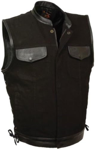 Black Denim Biker Vest with Leather Trim & Side Lacing