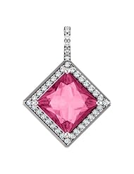 14K White Gold 8.00x8.00mm Princess Cut Pink Tourmaline and Diamond Pendant