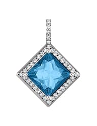Platinum 8.00x8.00mm Princess Cut Swiss Blue Topaz and Diamond Pendant
