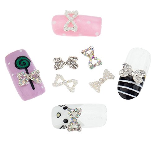 Unique Nail Art 3D Decorations Set of 12pcs Bow Ties Studded With Silver, AB Rhinestones / Crystals / Gems And White Pearls / Beads By VAGA