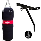 Kickboxing Canvas Punch Bag Filled With Free Chrome Plated Chain And Punchbag Wall Bracket Heavy Duty Metal 2 Pieces With Complete Fitting Martial Arts Black With Red Stripe 4 Feet