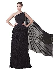 A-line Chiffon Basque   Waistline One Shoulder Floor Length Beaded Lace  Prom Dress  with a Watteau Train  With Ruffles