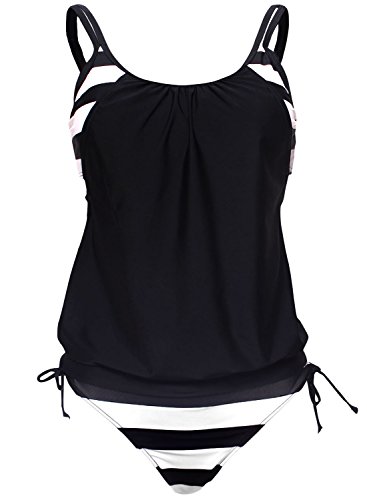ACHICGIRL Women Black Color Block Striped Tankini with Triangle Briefs ACHICGIRL Women Black Color Block Striped Tankini with Triangle Briefs