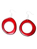 JousJous Red Eco Friendly Fair Trade Handmade Dangling Tagua Hoop Earrings, 2" Long