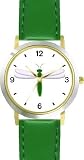 Green Body & White Winged Dragonfly or Dragon Fly - JP - WATCHBUDDY&reg; DELUXE TWO-TONE THEME WATCH - Arabic Numbers - Green Leather Strap-Size-Women's Size-Small