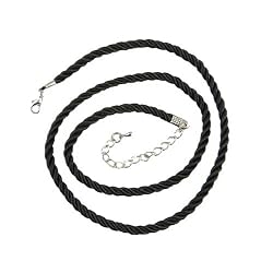 Necklace Cord For Pendants - D1 - Twisted Triple Strand Silk / Satin + 2" Extension Chain (3.5mm / 3/16" thickness) ~ Silver Tone Plated Ends - 20 Inches ~ Black