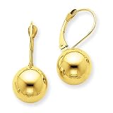 14k Gold Polished 10mm Ball Leverback Earrings