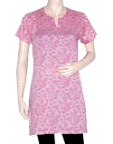 Valentine Gift for Lady Love Women Party Wear Dress Rajrang Half Sleeves Collar Deep Straight Neck Line India Boho Bollywood Block Print Work Pink Cotton Kurti Tunic Top Blouse