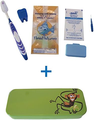 Green, Eco-friendly, Case with Monkey Character and Orthodontic Kit - Flossfish