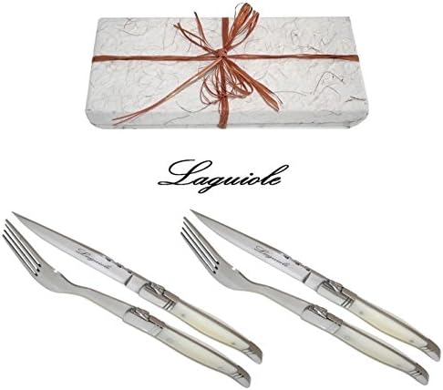 Genuine LAGUIOLE - Steak Set for 2 People in Gift-box (Steak Knives + Matching Forks) - Picasso Ivory - Blade: Smooth + Very Sharp (Original - Exclusive Quality White Color Steak Cutlery Table Flatware Setting) - Direct From France