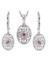 GENUINE RUBY EARRING AND PENDANT SET RODIUM FINISH STERLING SILVER- 18.00 INCH CHAIN GEMSTONE NECKALCE AND LEVERBACK EARRINGS
