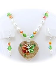 Murano Glass Orange Butterfly Heart Pendant Pearl Necklace Sterling Silver Earrings