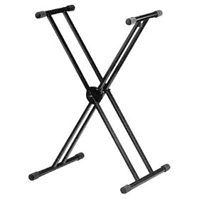 Black Height Adjustable High Quality Twin X Frame Keyboard Stand With A Quick Pull Release Mechanism.