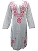 Womens Peasant Tunic- Pink Embroidered White Cotton Long Kurta Dress Large Size