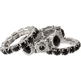 Jet Black Crystal Stacking Stretch Ring Trio in Silver Tone
