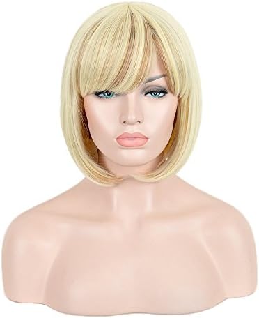 Andao Short Flat Bangs Bob Style Wig Platinum Blonde Highlights Brown Blend Mix Color Hair Wigs for Women