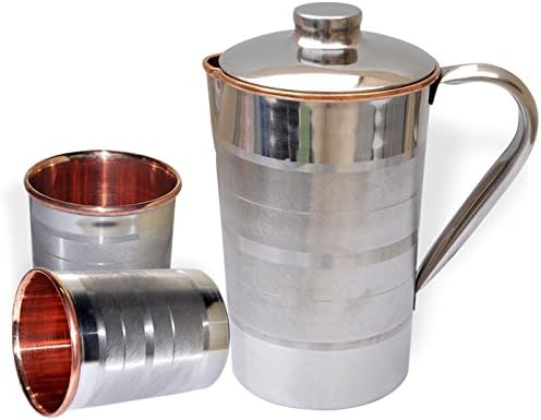 YourEshop Copper Tumblers and Jug Set Drinkware Accessory for Ayurvedic Healing Outside Steel Inside Copper - Capacity 1.6 Liters ...